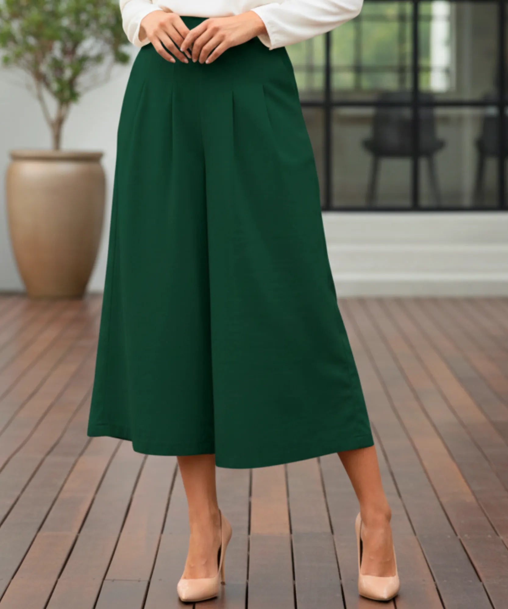 Comprar calça pantalona feminina algodão midi cintura alta com pregas frontais e bolsos em promoção ZARA