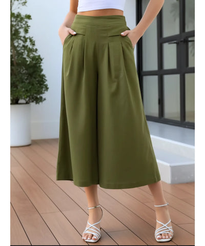 Comprar calça pantalona feminina algodão midi cintura alta com pregas frontais e bolsos em promoção ZARA