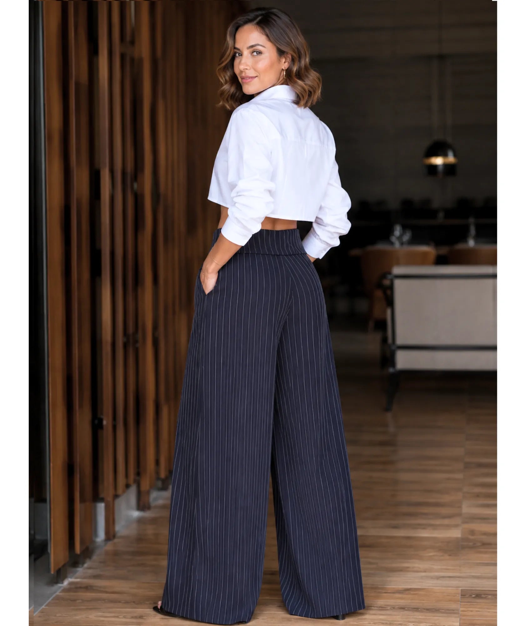 Comprar calça pantalona feminina cintura alta azul marinho em promoção Anellimn
