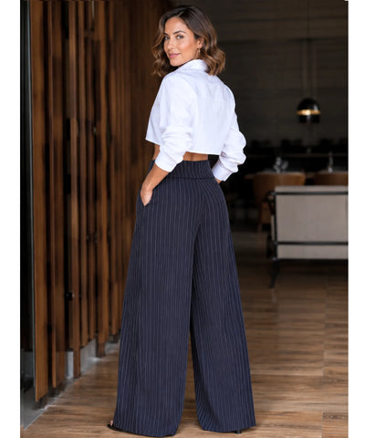 Comprar calça pantalona feminina cintura alta azul marinho em promoção Anellimn