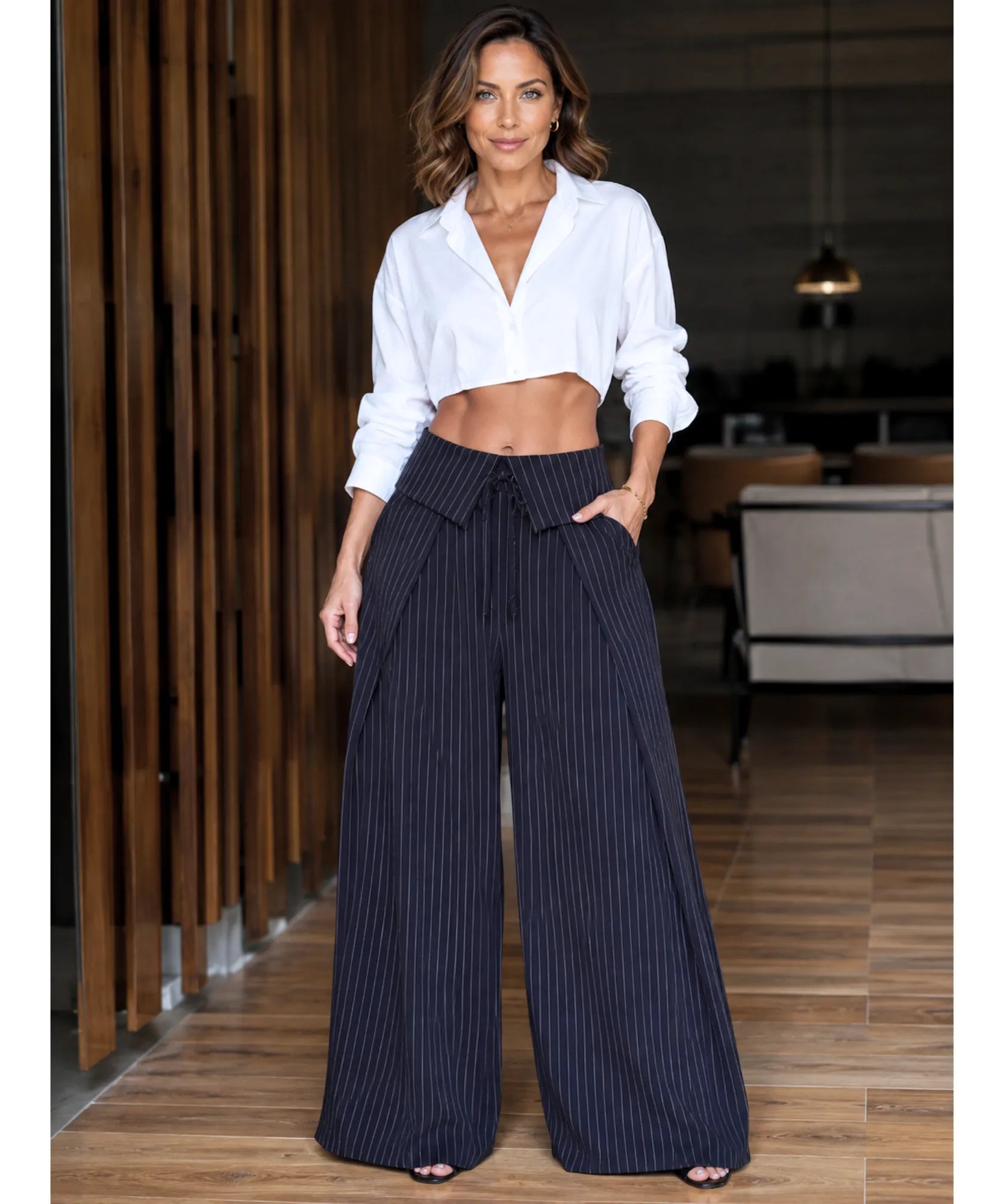 Comprar calça pantalona feminina cintura alta azul marinho em promoção Anellimn