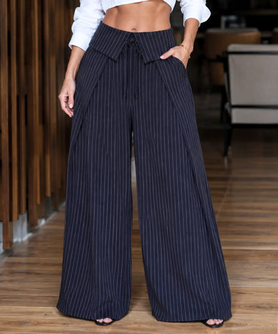 Comprar calça pantalona feminina cintura alta azul marinho em promoção Anellimn