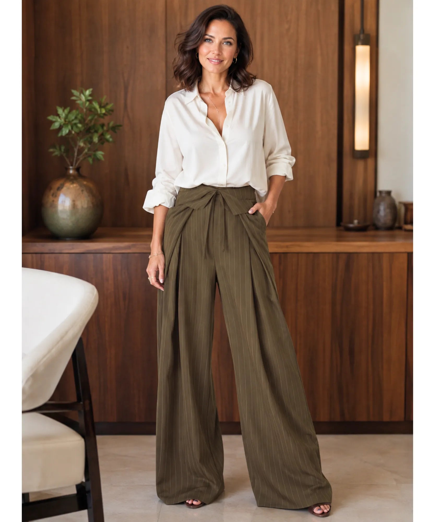 Comprar calça pantalona feminina cintura alta caqui em promoção Anellimn