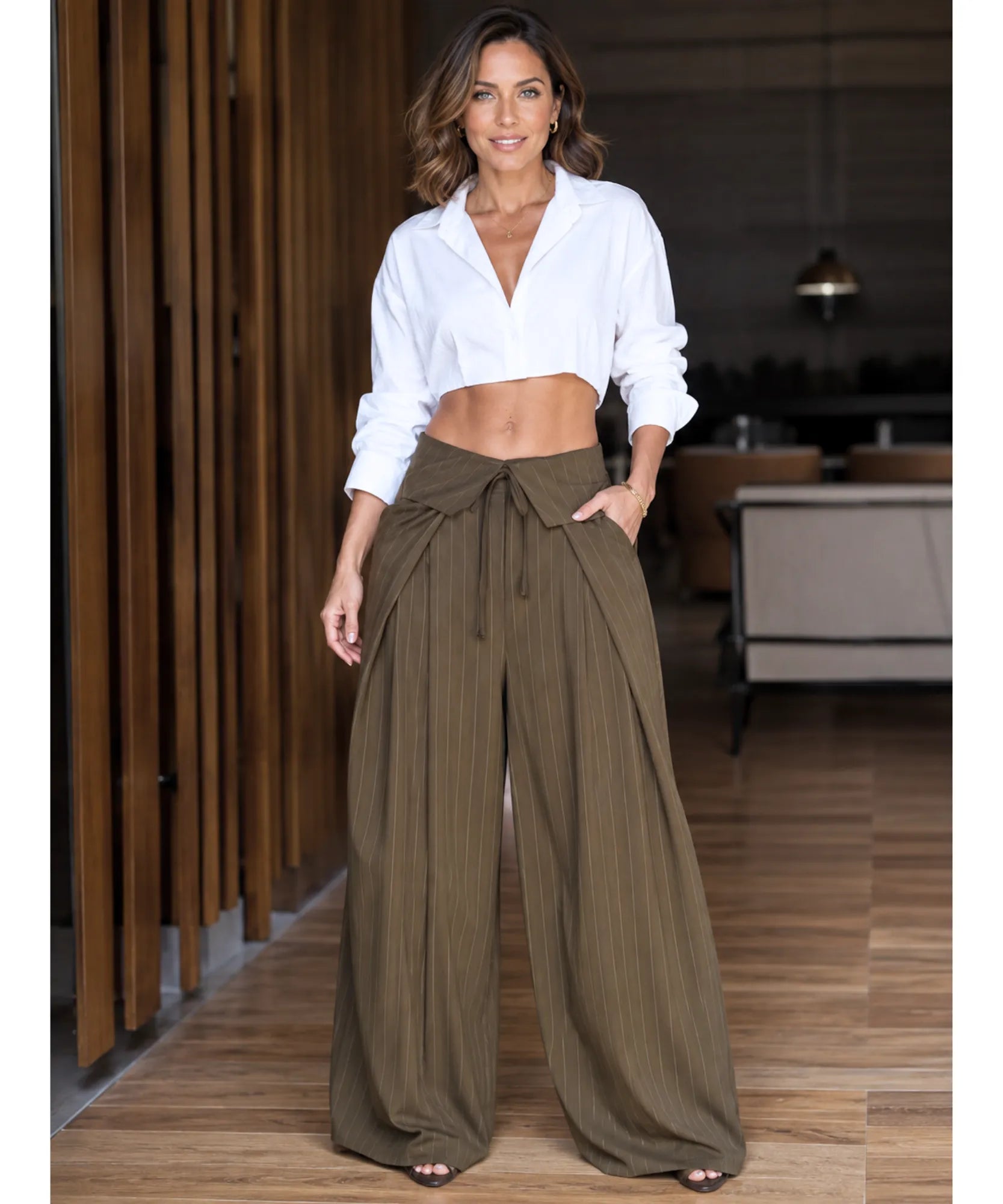 Comprar calça pantalona feminina cintura alta caqui em promoção Anellimn