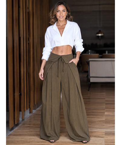 Comprar calça pantalona feminina cintura alta caqui em promoção Anellimn