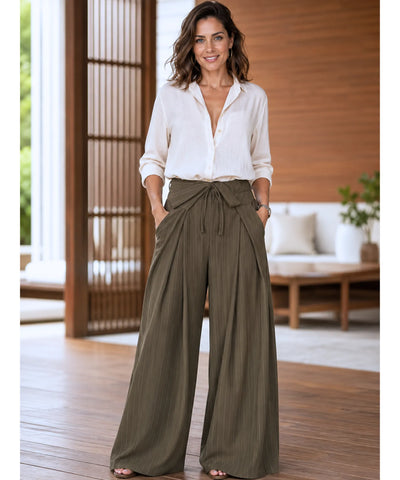 Comprar calça pantalona feminina cintura alta caqui em promoção Anellimn