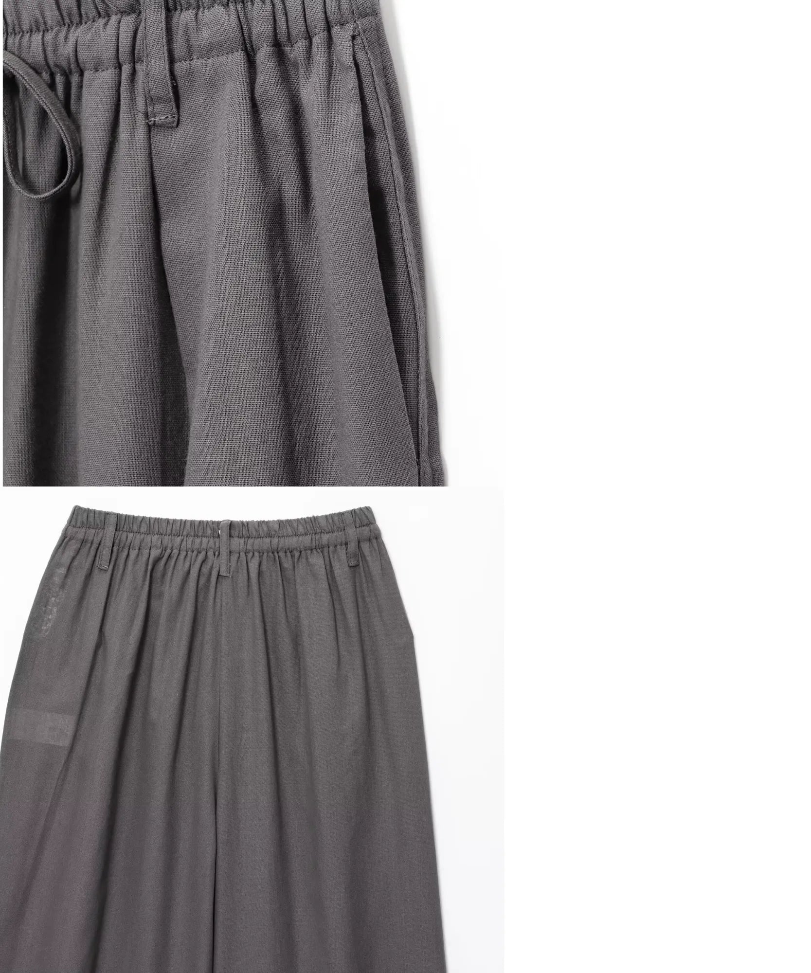 Calça pantalona cinza em still mostrando pregas e passantes do cós
