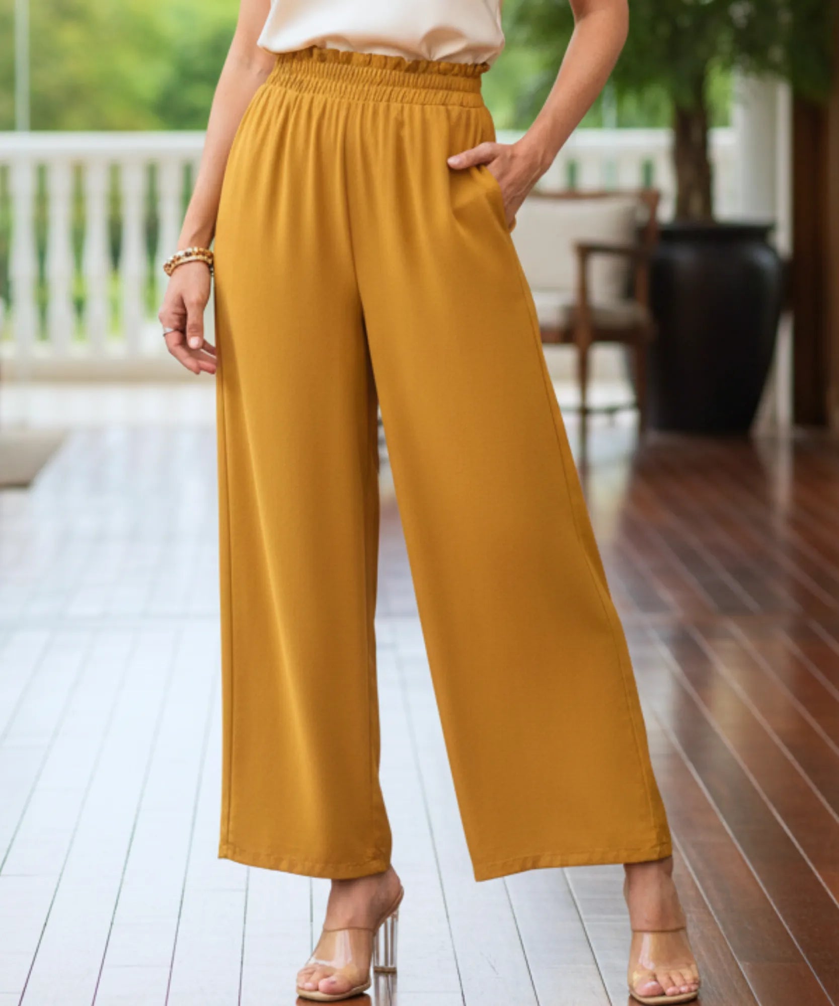 Comprar calça pantalona feminina cós elástico franzido cintura alta perna larga em promoção ZARA