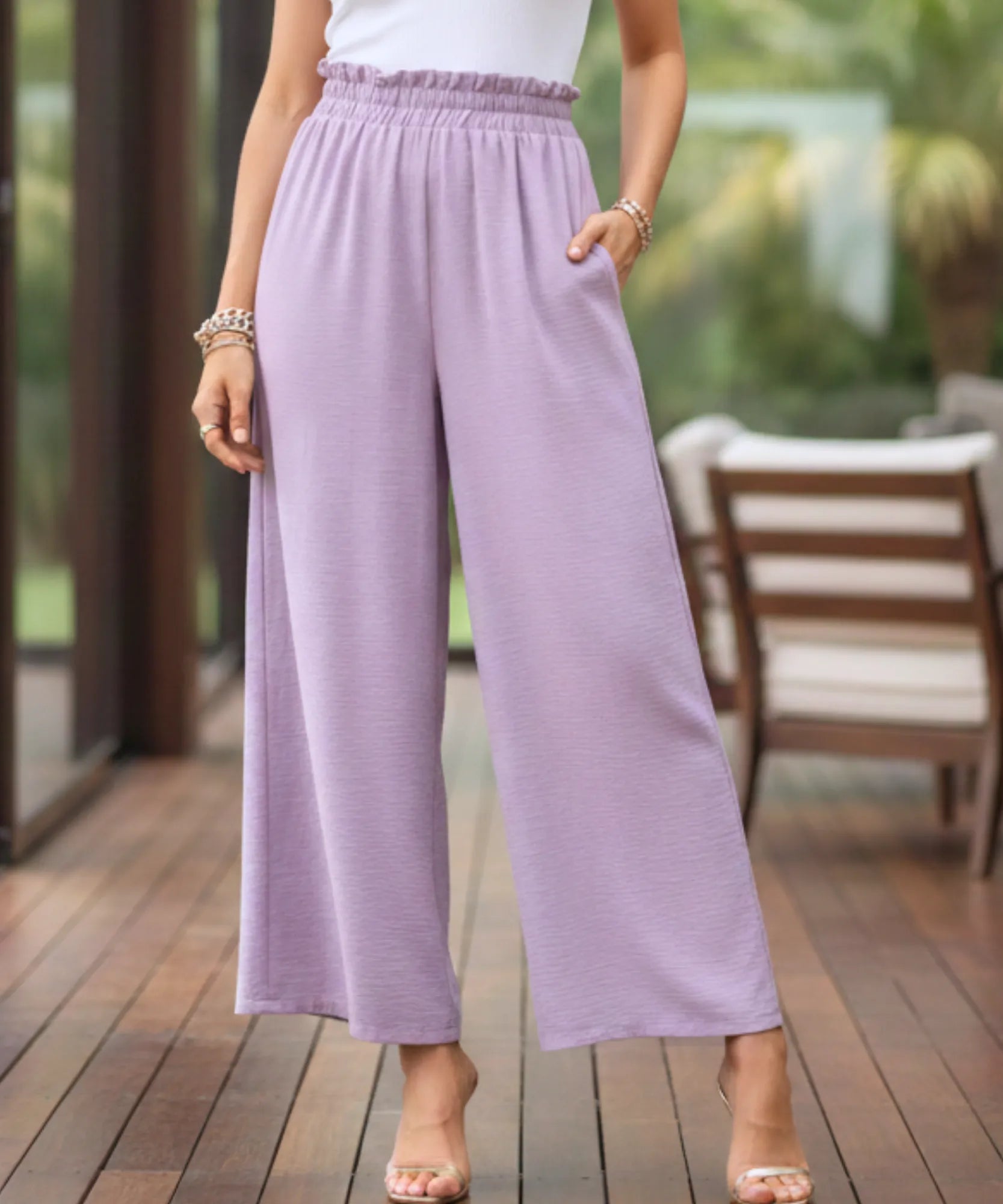 Comprar calça pantalona feminina cós elástico franzido cintura alta perna larga em promoção ZARA