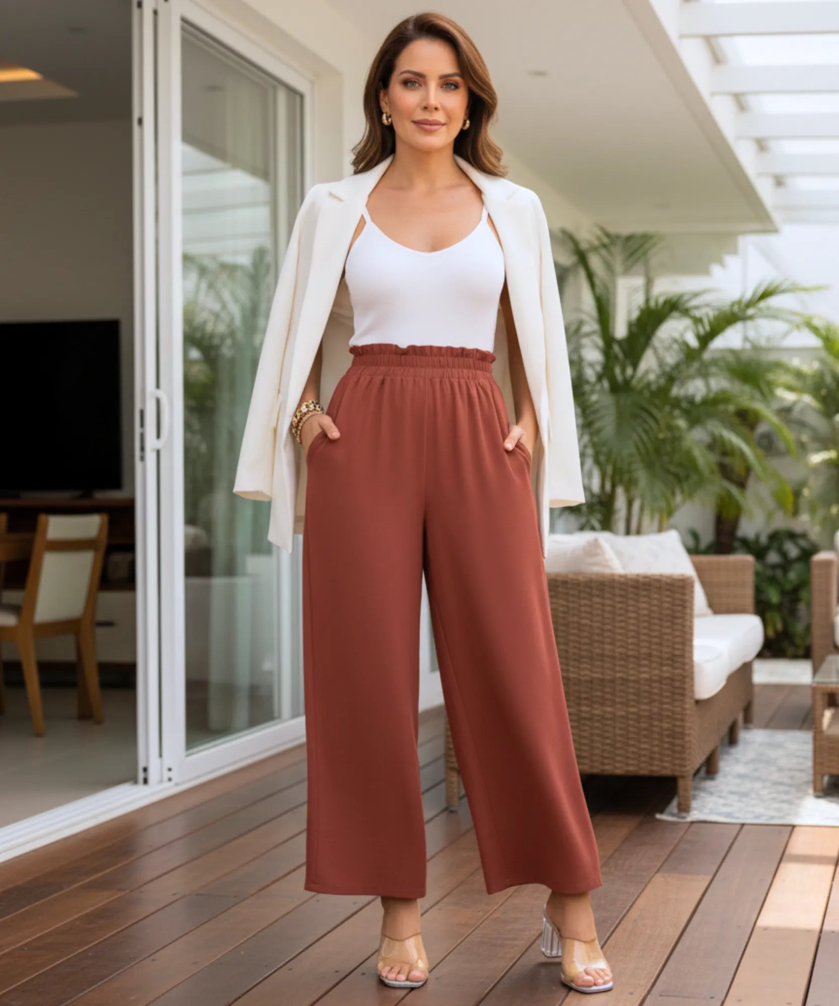 Comprar calça pantalona feminina cós elástico franzido cintura alta perna larga em promoção ZARA