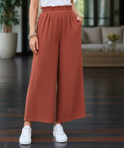 Comprar calça pantalona feminina cós elástico franzido cintura alta perna larga em promoção ZARA