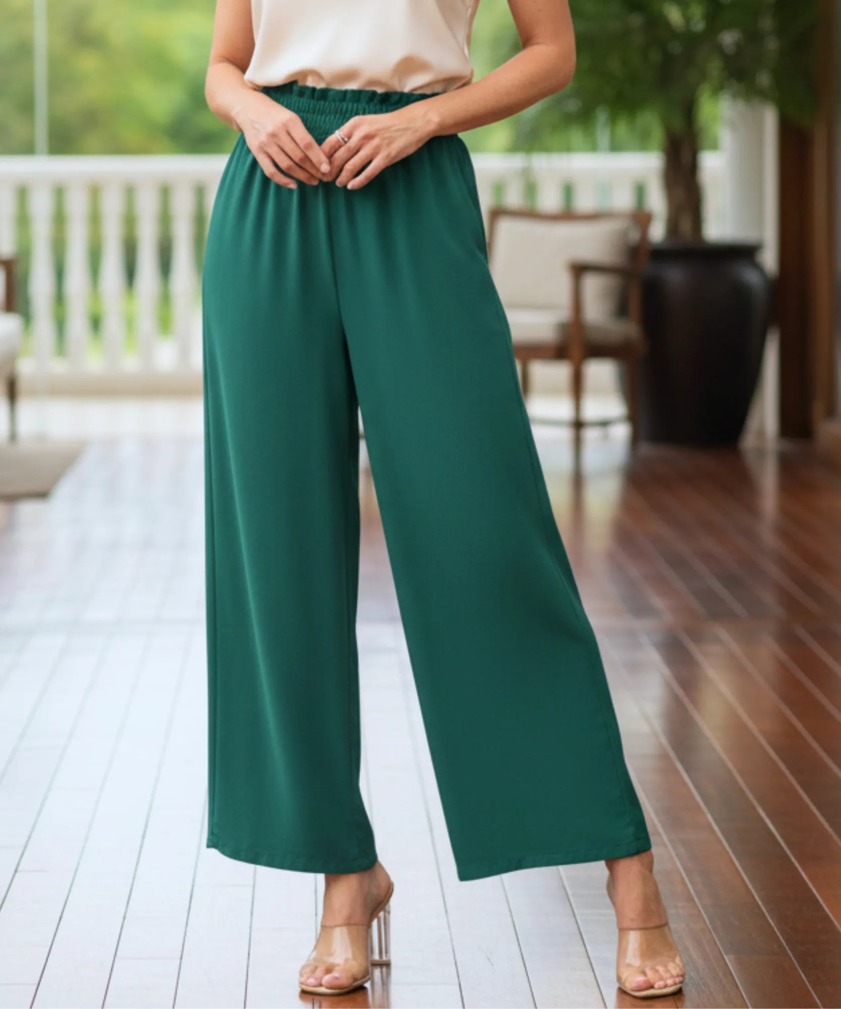 Comprar calça pantalona feminina cós elástico franzido cintura alta perna larga em promoção ZARA