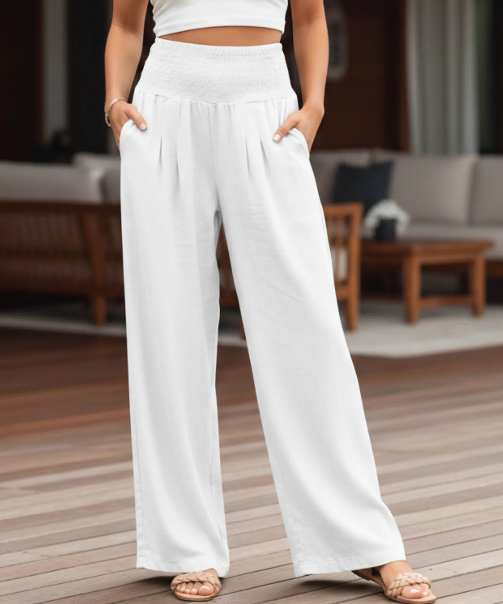 Comprar calça pantalona feminina fluida cós franzido elástico com bolsos leve para o verão em promoção ZARA