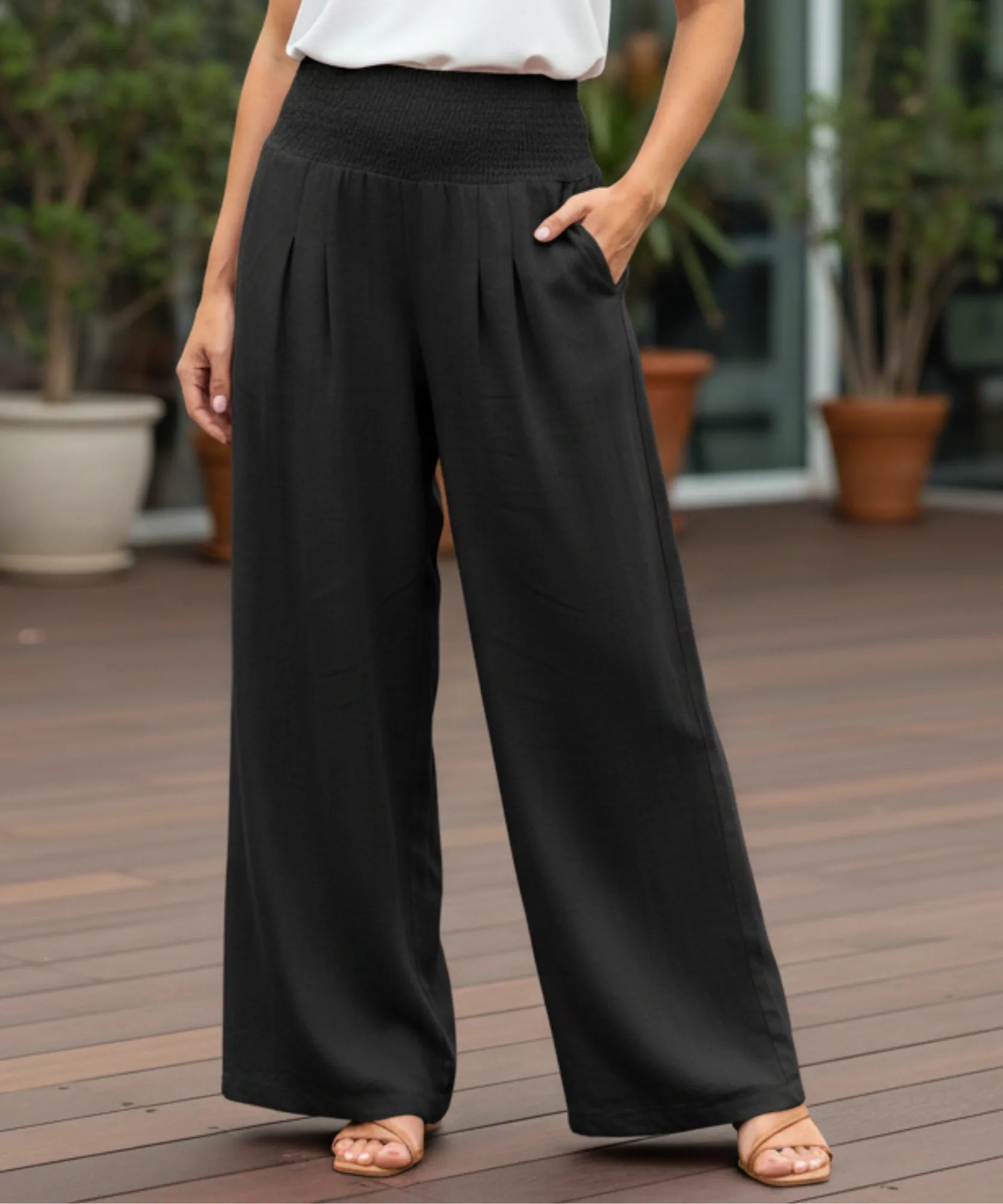 Comprar calça pantalona feminina fluida cós franzido elástico com bolsos leve para o verão em promoção ZARA