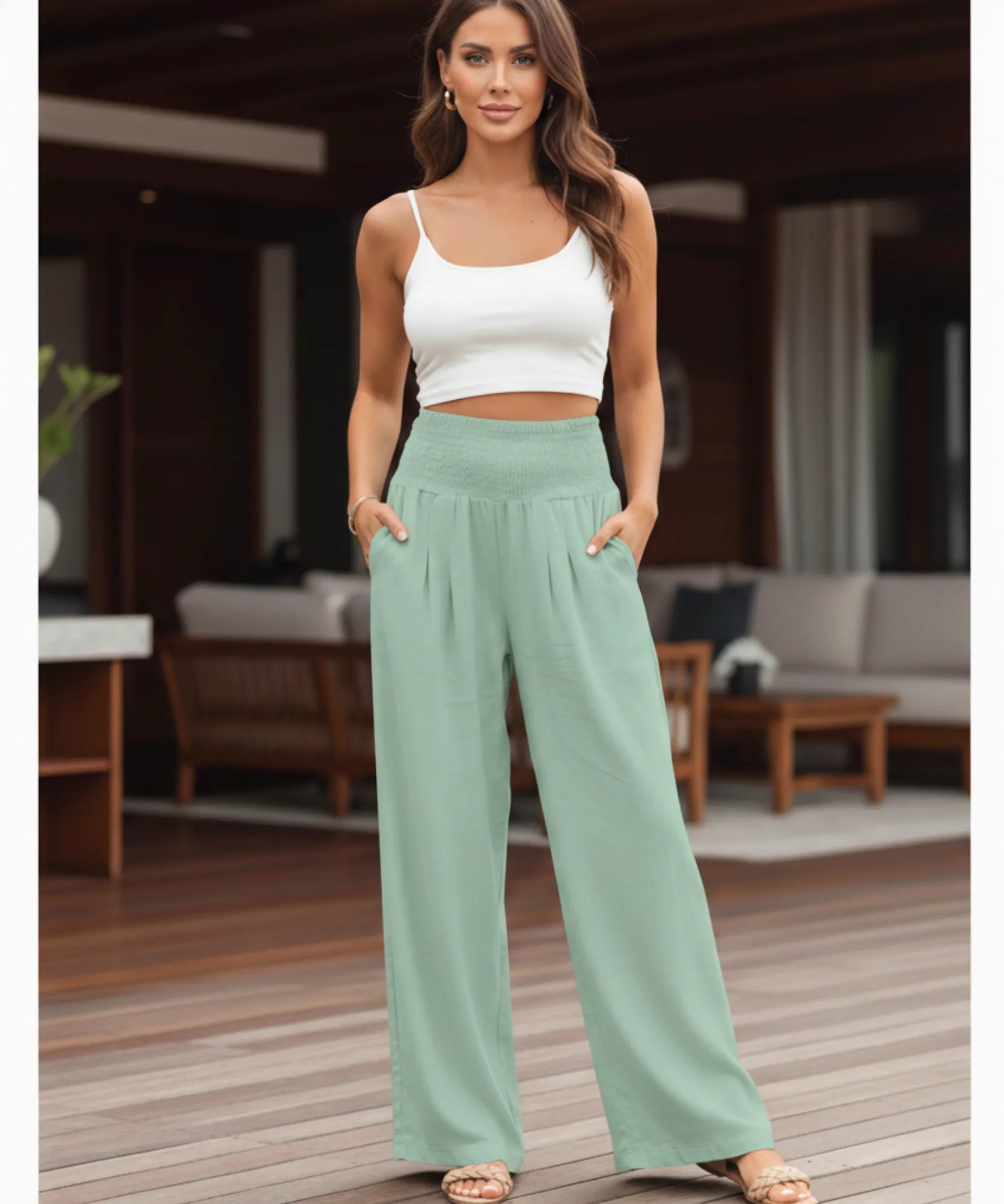 Comprar calça pantalona feminina fluida cós franzido elástico com bolsos leve para o verão em promoção ZARA