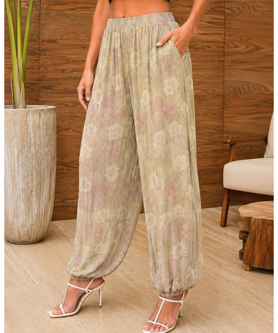 Comprar calça pantalona feminina estampada floral chiffon leve cintura elástica barra franzida casual verão em promoção ZARA