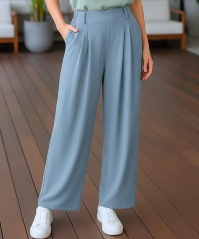 Comprar calça pantalona feminina wide leg pregas frontais cintura alta cós elástico em promoção ZARA
