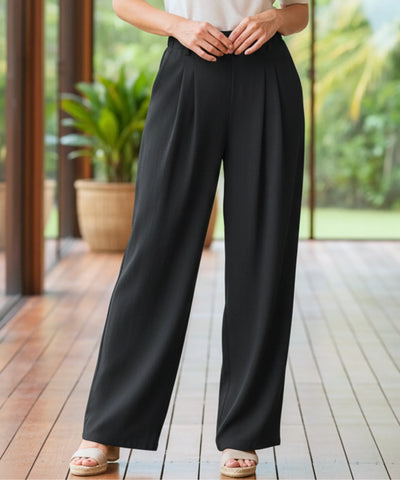 Comprar calça pantalona feminina wide leg pregas frontais cintura alta cós elástico em promoção ZARA