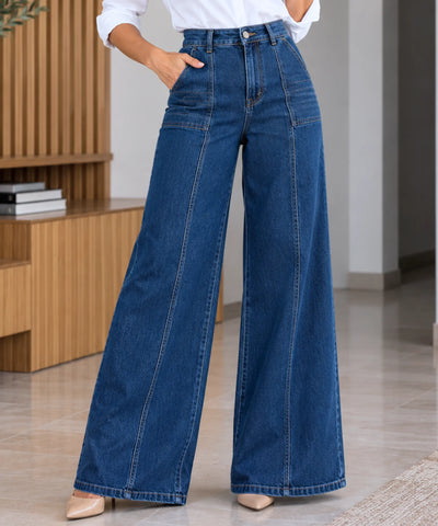 Comprar calça pantalona jeans feminina cintura alta pesponto frontal azul escuro em promoção Anellimn