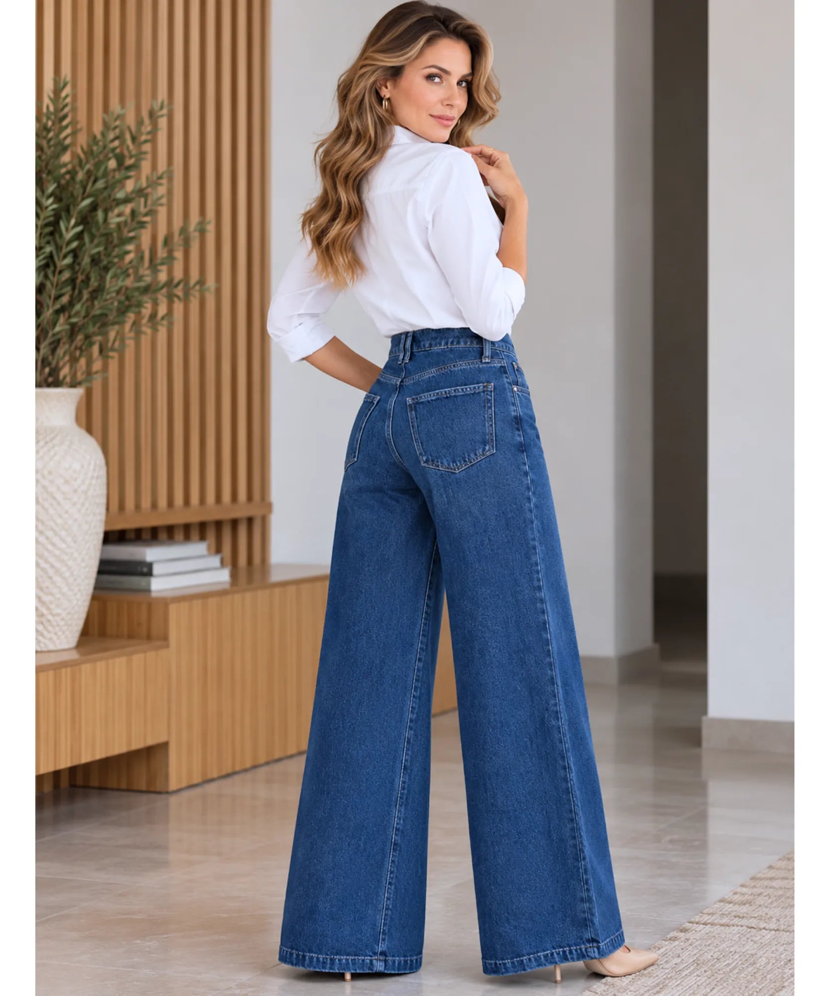 Comprar calça pantalona jeans feminina costas bolsos traseiros azul escuro em promoção Anellimn