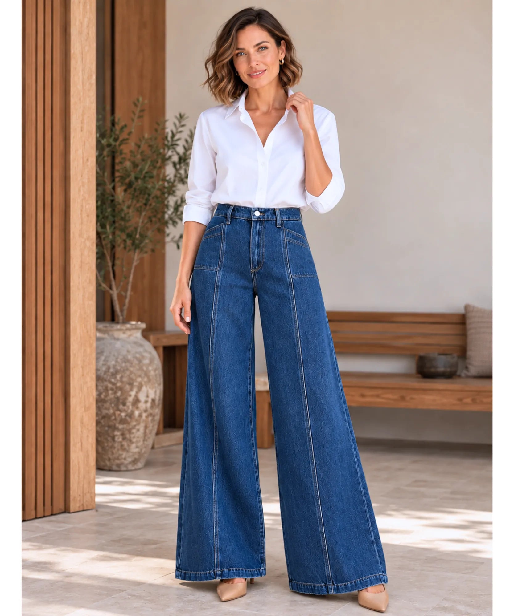 Comprar calça pantalona jeans feminina wide leg azul escuro em promoção Anellimn