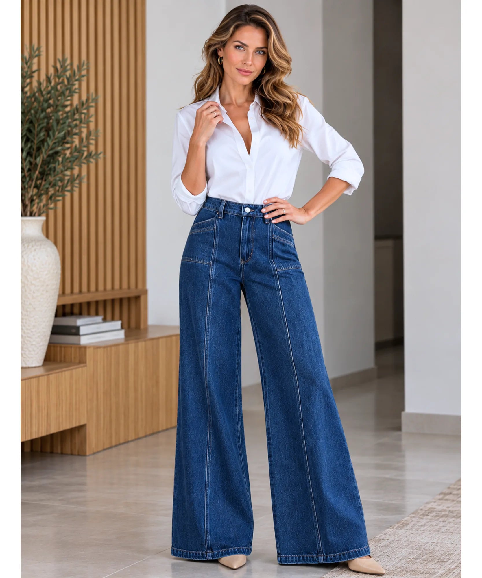 Comprar calça pantalona jeans feminina com camisa branca azul escuro em promoção Anellimn