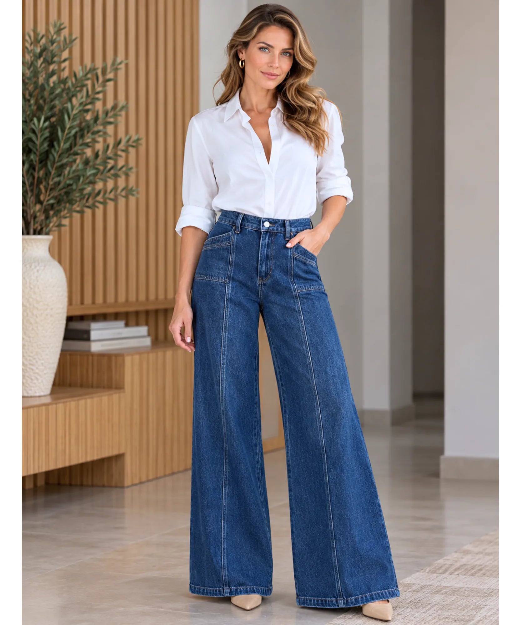 Comprar calça pantalona jeans feminina perna ampla azul escuro em promoção Anellimn