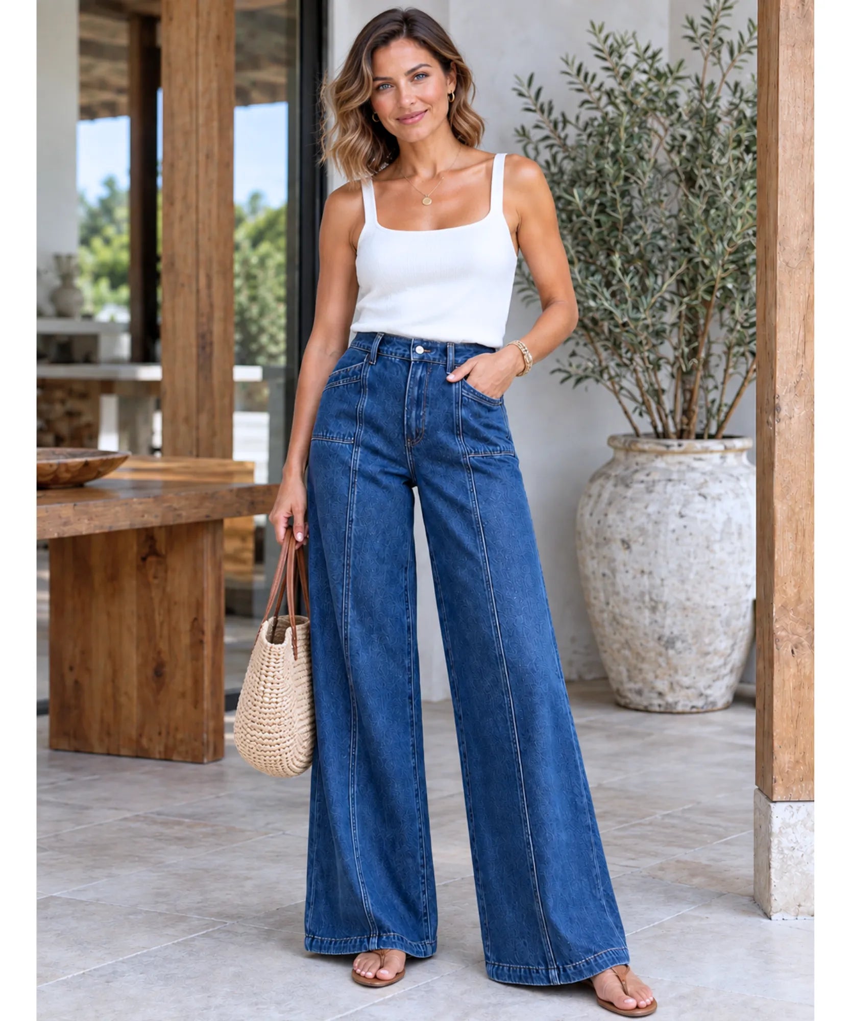 Comprar calça pantalona jeans feminina look casual azul escuro em promoção Anellimn