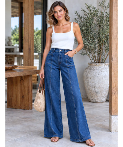 Comprar calça pantalona jeans feminina look casual azul escuro em promoção Anellimn