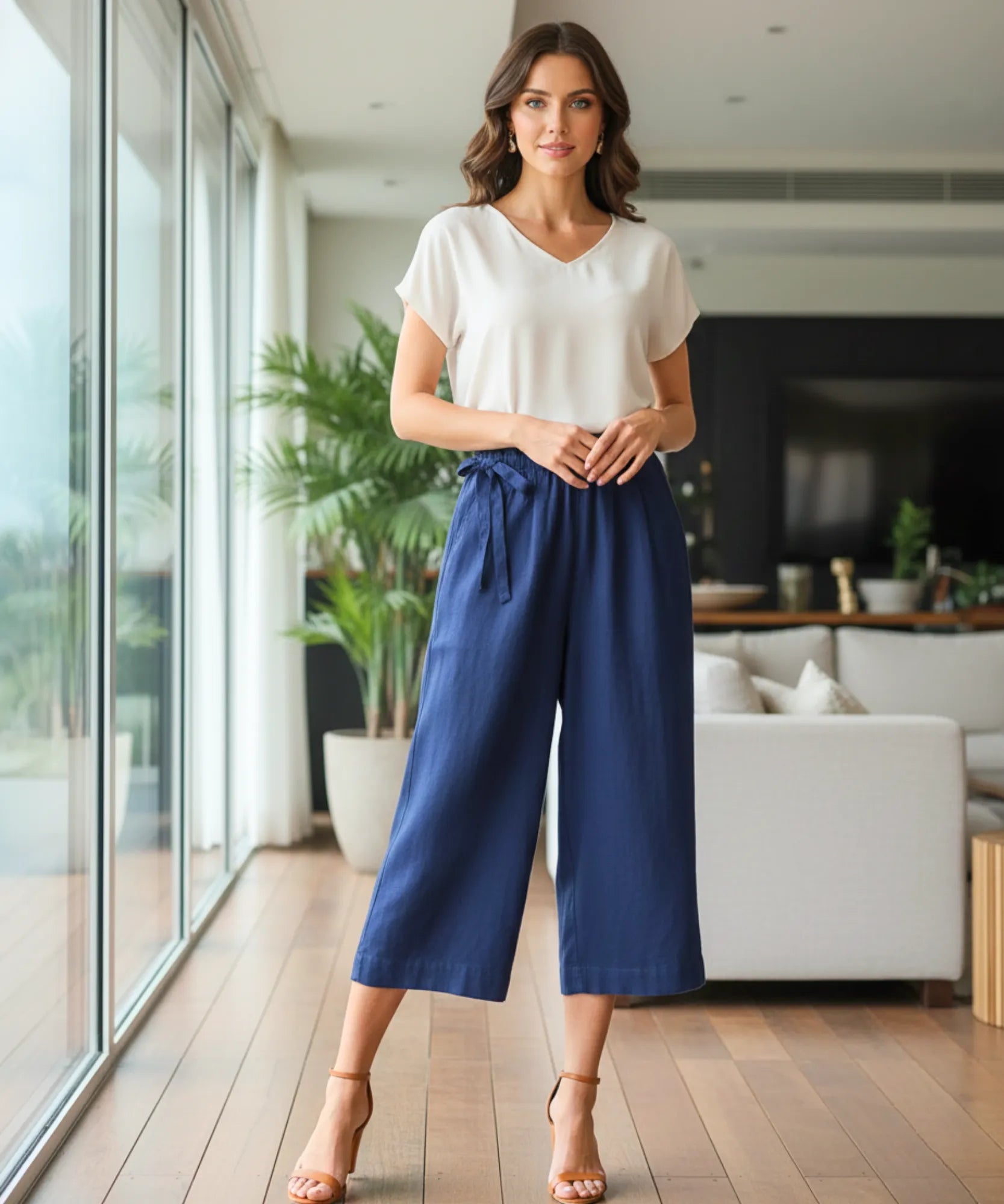 Comprar calça pantalona feminina algodão midi cintura alta com pregas frontais e bolsos ZARA