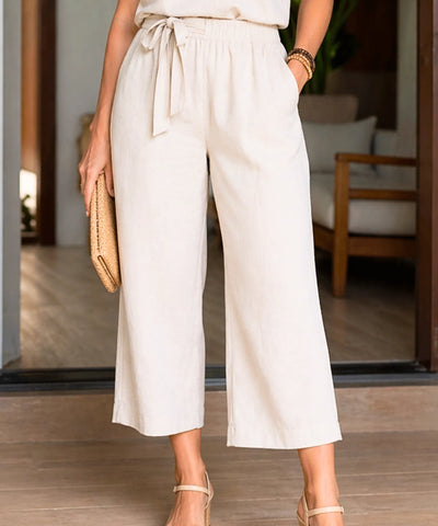 Comprar calça pantalona feminina algodão midi cintura alta com pregas frontais e bolsos ZARA