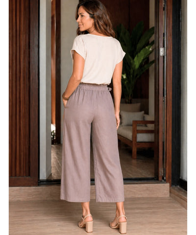 Comprar calça pantalona feminina algodão midi cintura alta com pregas frontais e bolsos ZARA