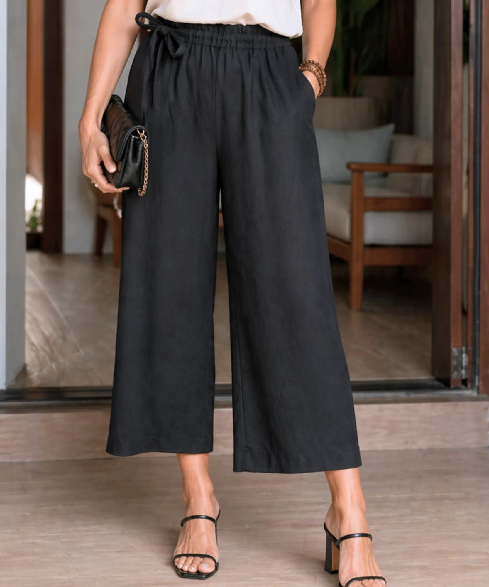 Comprar calça pantalona feminina algodão midi cintura alta com pregas frontais e bolsos ZARA