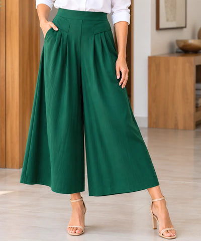 Calça pantalona em linho feminina verde escuro midi com cós largo estruturado