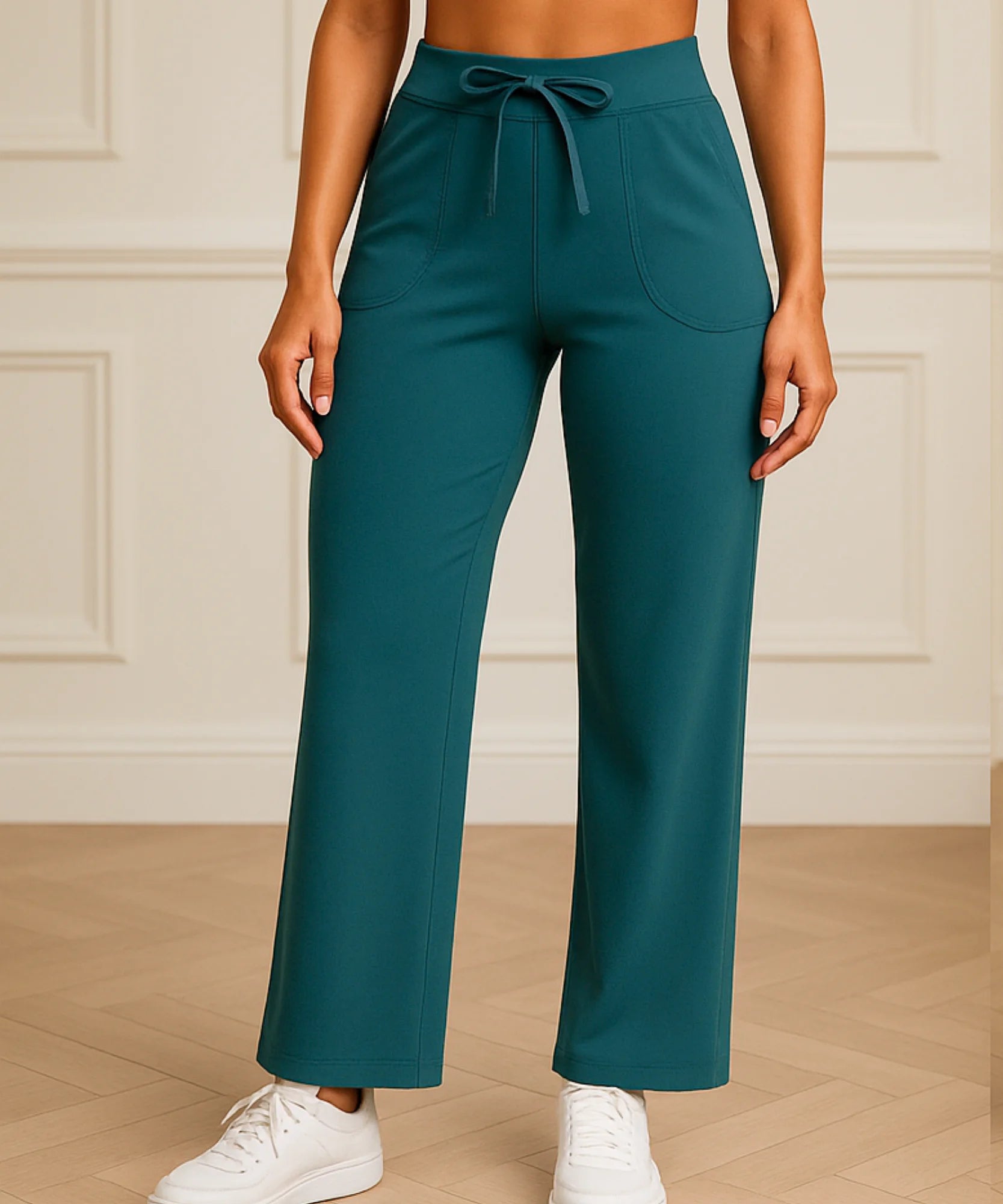 Calça pantalona wide leg premium com caimento impecável, em ambiente sofisticado, ideal para yoga, viagens e looks casuais