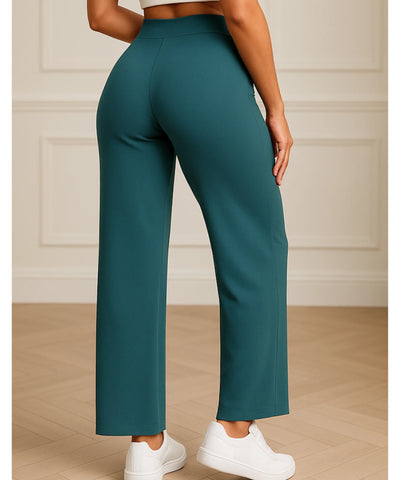 Calça pantalona wide leg premium com caimento impecável, em ambiente sofisticado, ideal para yoga, viagens e looks casuais