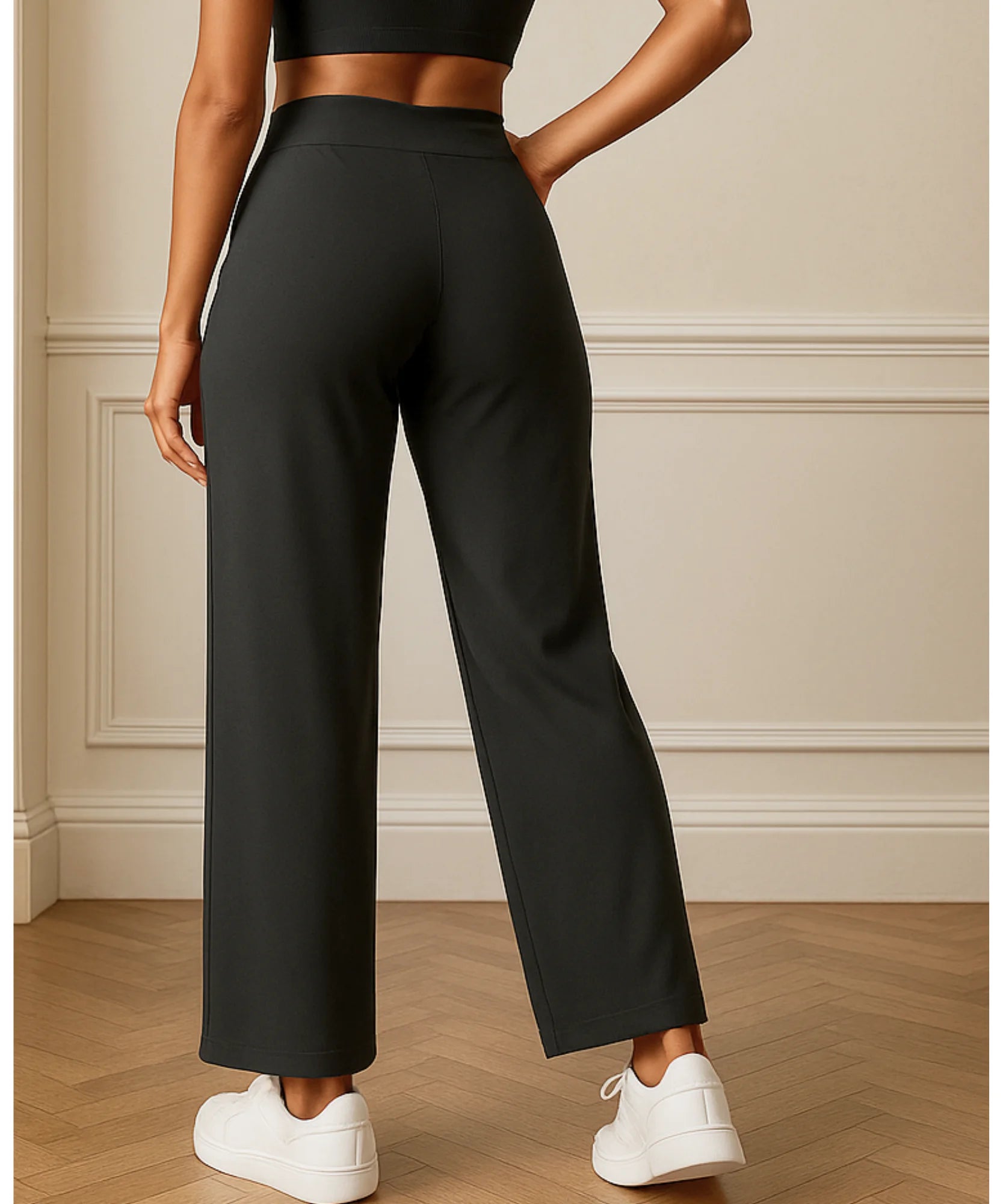 Calça pantalona wide leg premium com caimento impecável, em ambiente sofisticado, ideal para yoga, viagens e looks casuais