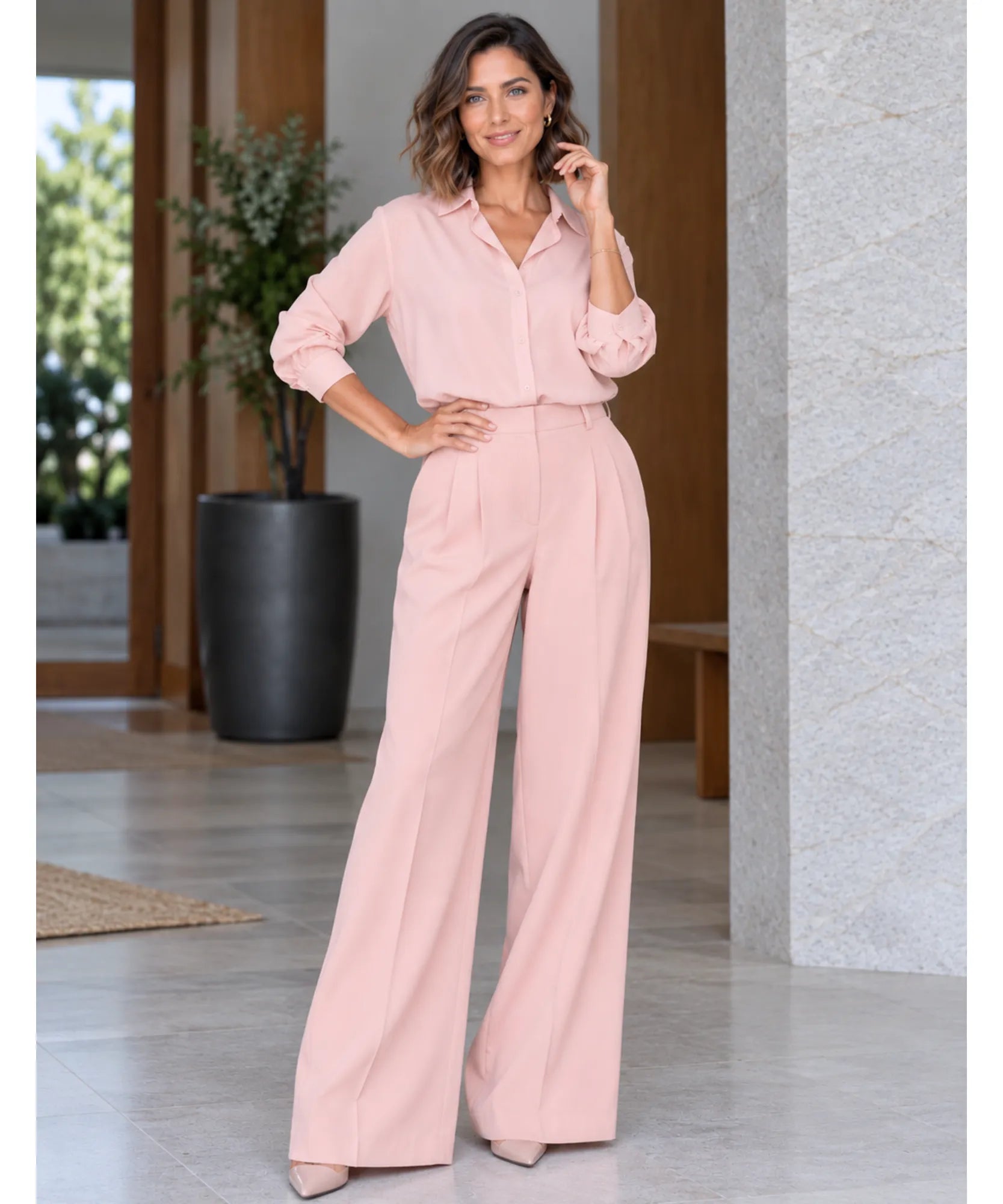 Comprar calça reta feminina com pregas rosê em promoção Anellimn