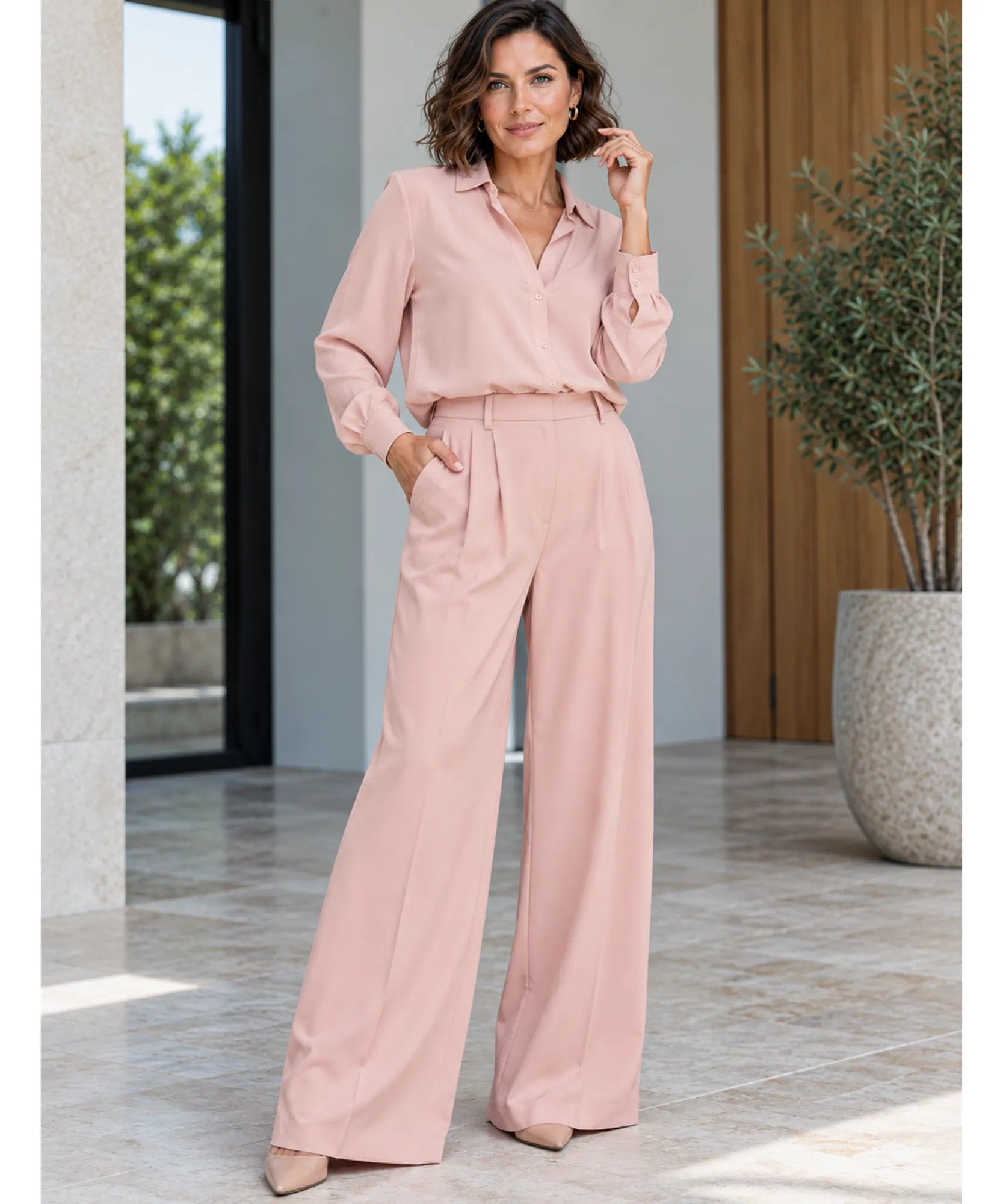 Comprar calça reta feminina perna larga rosê em promoção Anellimn