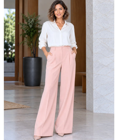 Comprar calça reta feminina com pregas frontais rosê em promoção Anellimn