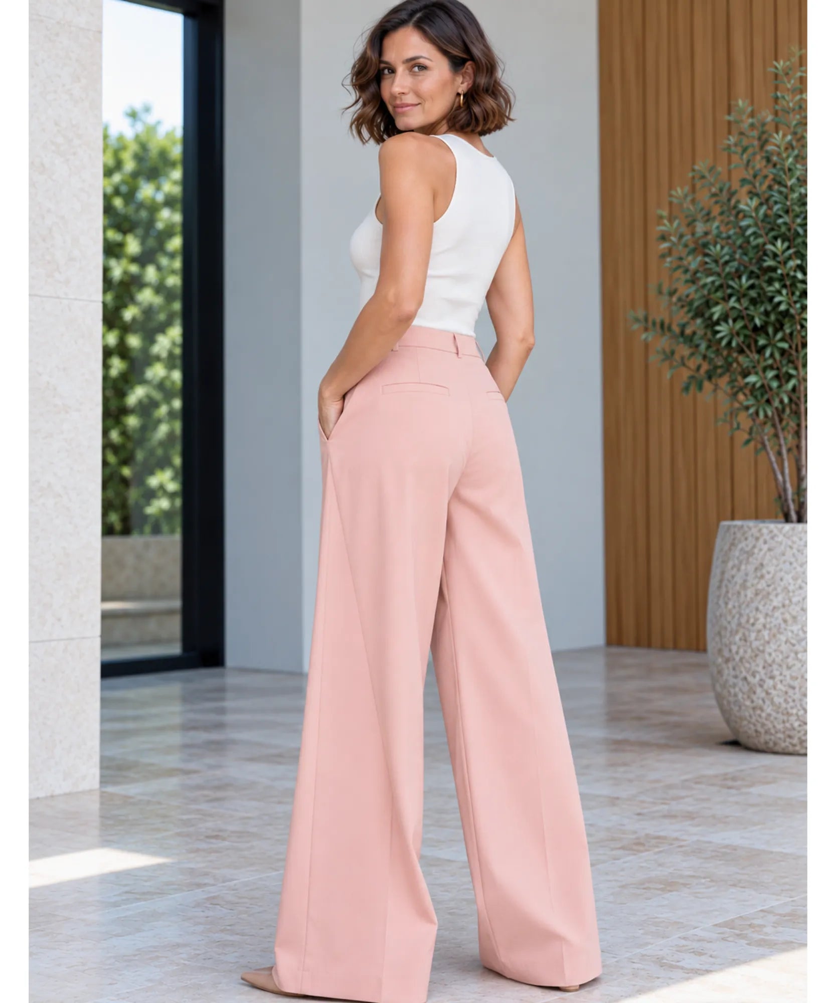 Comprar calça reta feminina rosê vista de costas em promoção Anellimn