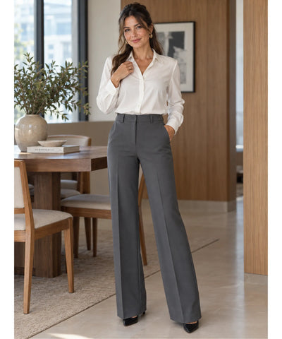 Comprar calça social feminina para trabalhar cintura alta cinza em promoção Anellimn