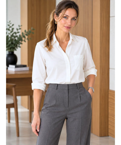 Comprar calça social feminina cintura alta cinza corte reto em promoção Anellimn