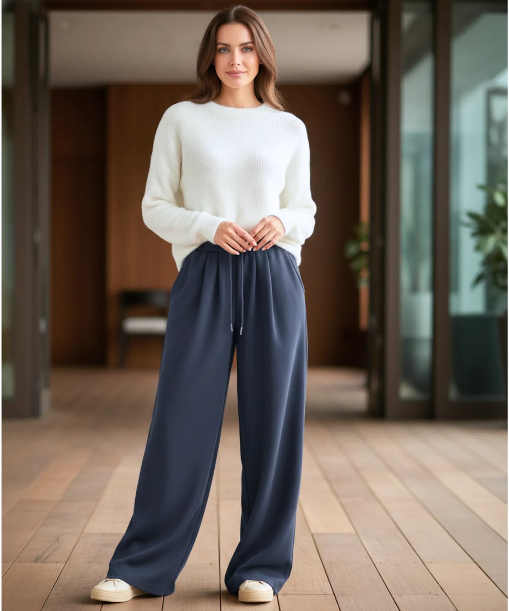 Comprar calça wide leg moletom feminina forrada fleece streetwear cintura alta cordão casual em promoção ZARA