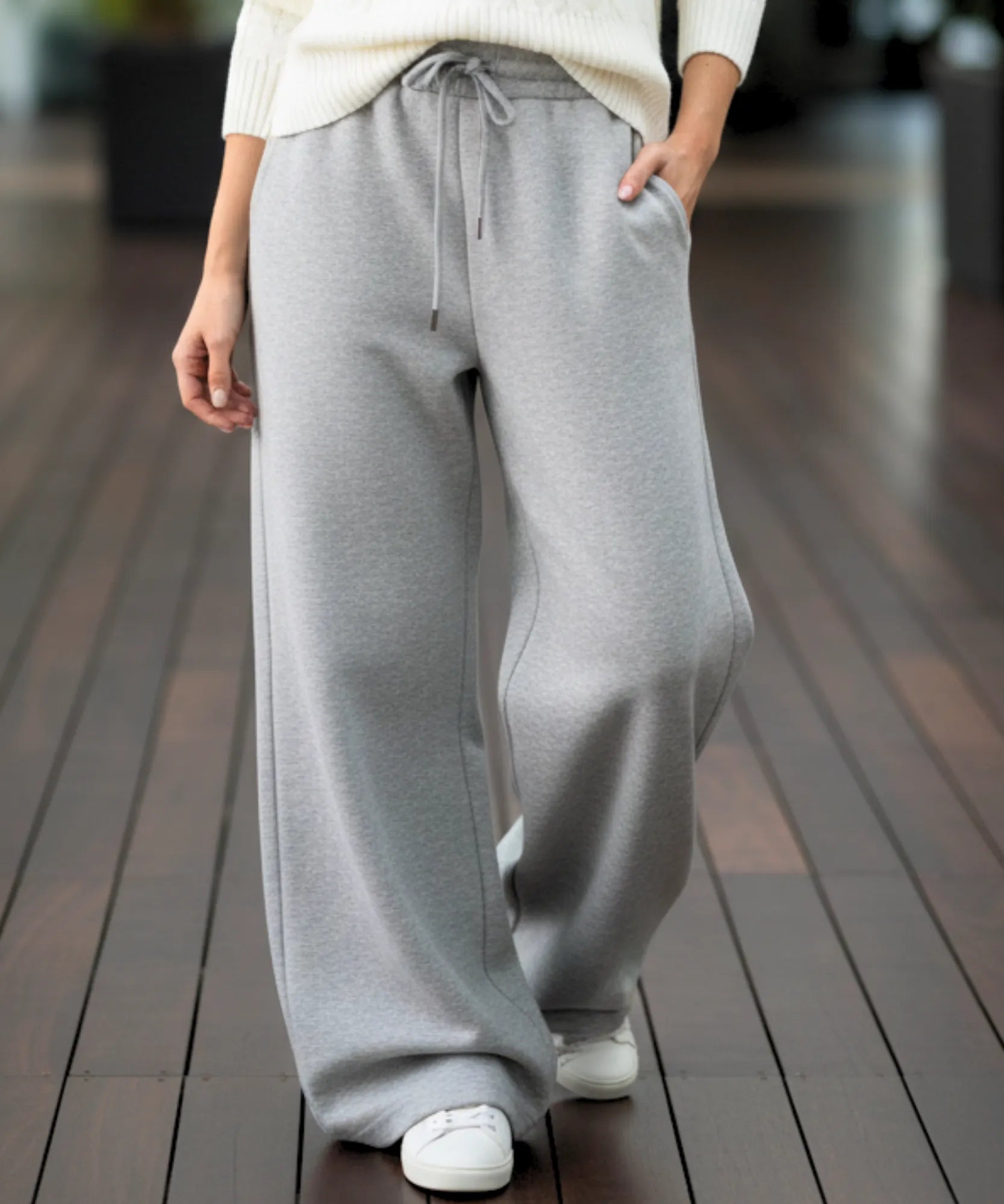 Comprar calça wide leg moletom feminina forrada fleece streetwear cintura alta cordão casual em promoção ZARA