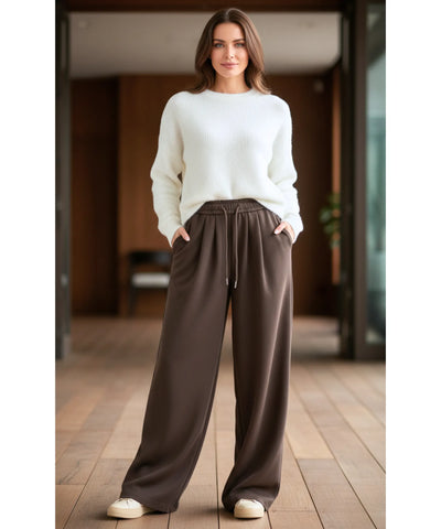 Comprar calça wide leg moletom feminina forrada fleece streetwear cintura alta cordão casual em promoção ZARA