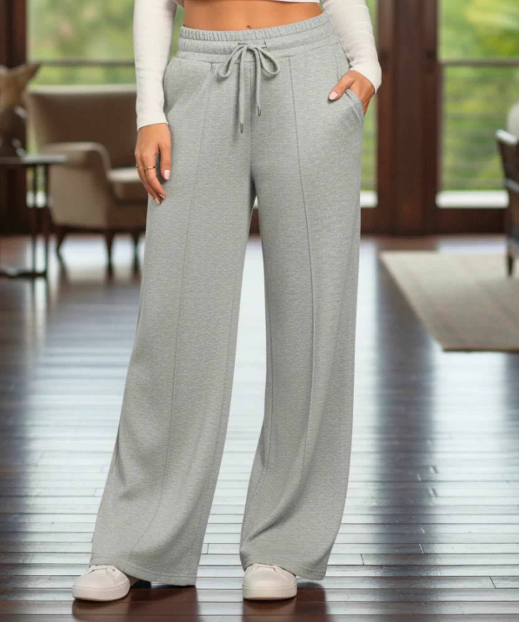 Comprar calça wide leg moletom feminina cintura alta elástica confortável com bolsos casual em promoção ZARA