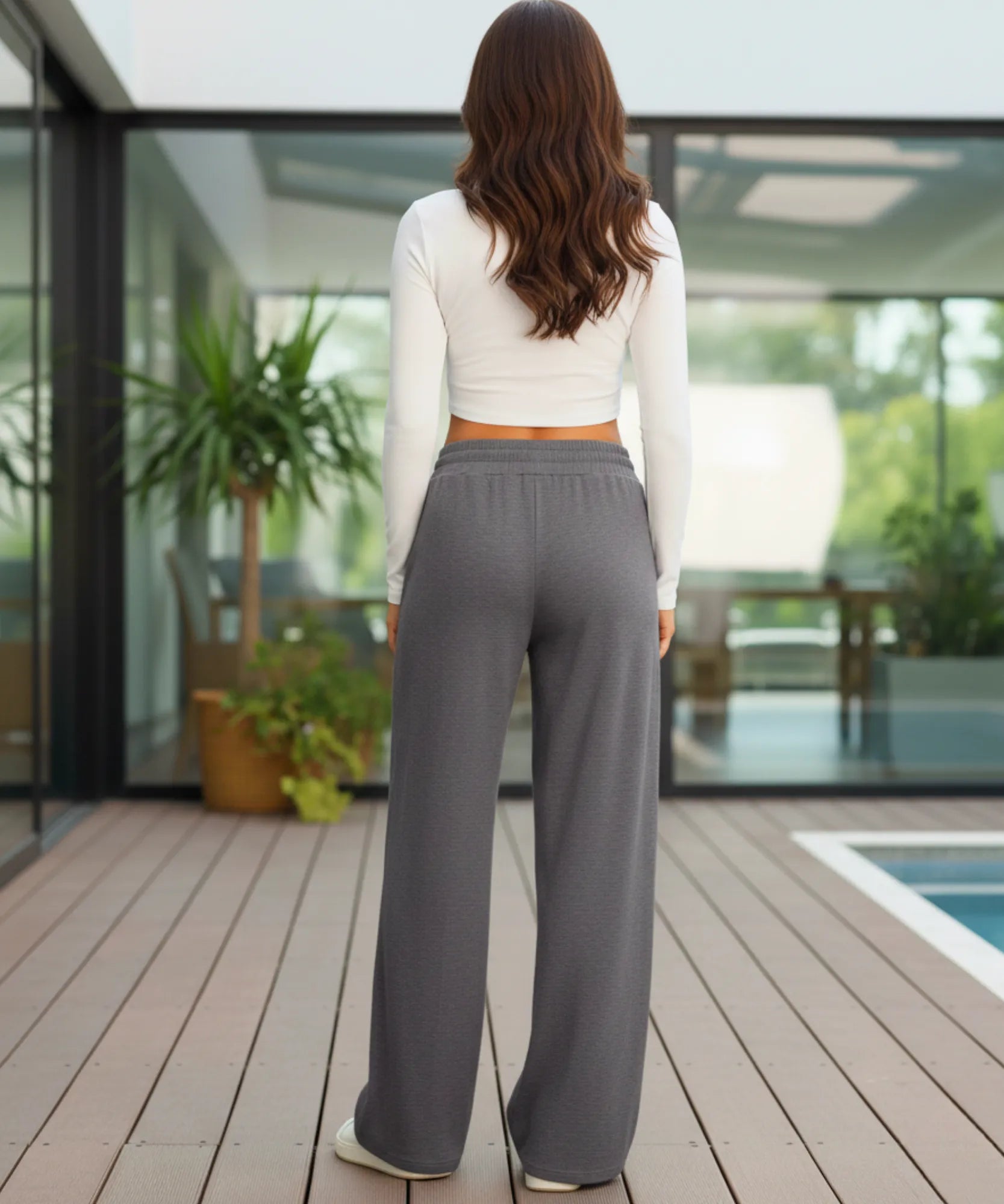 Comprar calça wide leg moletom feminina cintura alta elástica confortável com bolsos casual em promoção ZARA