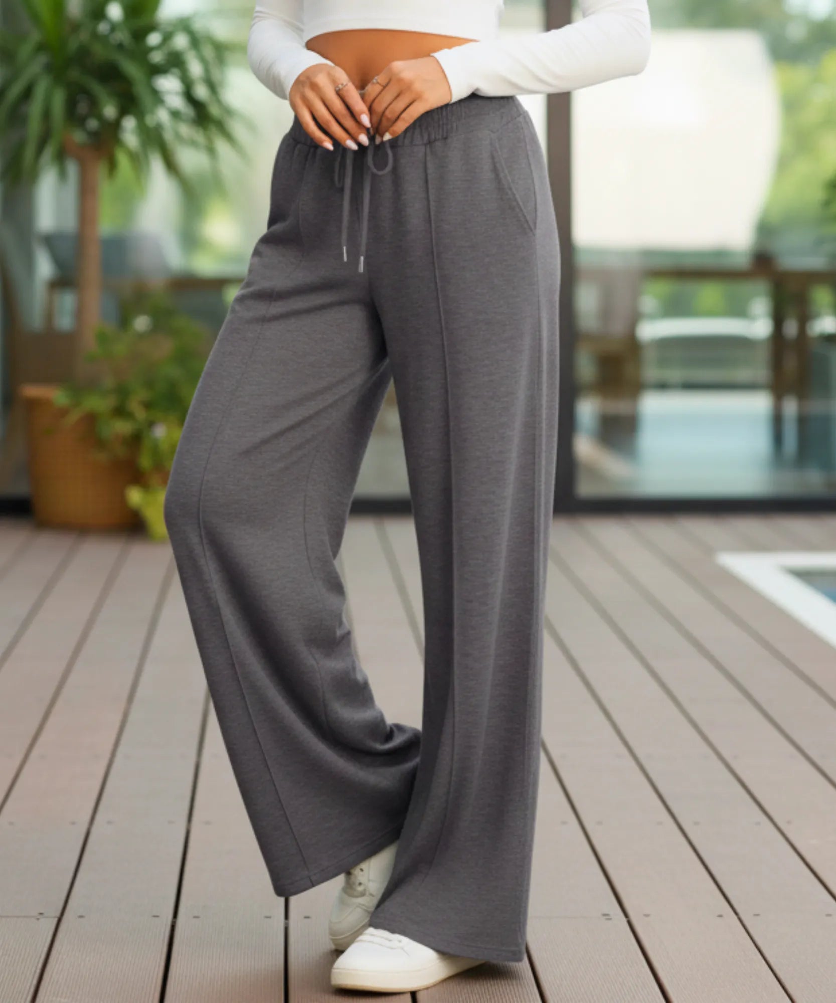 Comprar calça wide leg moletom feminina cintura alta elástica confortável com bolsos casual em promoção ZARA