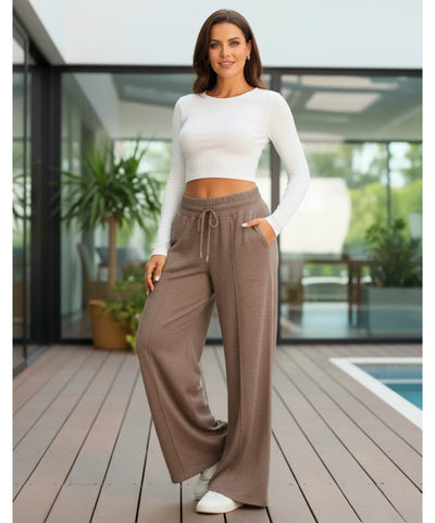 Comprar calça wide leg moletom feminina cintura alta elástica confortável com bolsos casual em promoção ZARA